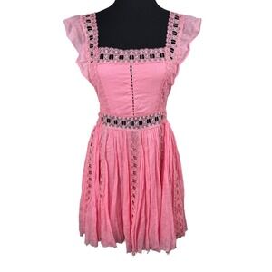 Free People FP One Verona Pink Lace Trim Flutter Sleeve Mini Dress S/P